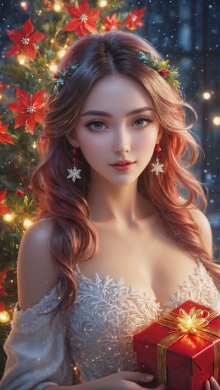 Christmas style, snowflakes, Christmas tree and gifts , full body, (masterpiece, top quality, best quality, official art, beauty and aesthetics: 1.2), (1girl), holding the gift standing by the tree,  extremely detailed, (abstract, fractal art: 1.3), colorful hair, Highest details, detailed_eyes, fire, water, ice, lightning, light particles, Christmas style clothing, Christmas tree, string of Christmas light bulbs, Christmas red flowers,, beautiful lines, determined eyes, flowers, detailed face, detailed eyes , brilliant blooming flowers and romantic lights as the background