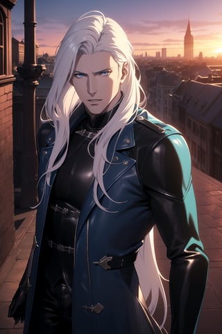 (Masterpiece, Best Quality), (A Handsome 25-Year-Old British Male Vampire Slayer), (Long Flowing White Hair:1.4), (Pale Skin), (Crimson Eyes), (Wearing Blue Long Leather Coat and Black Long Pants:1.6), (City Road at Evening with Sunset:1.4), (Dynamic Pose:1.2), Centered, (Half Body Shot:1.4), (From Front Shot:1.4), Insane Details, Intricate Face Detail, Intricate Hand Details, Cinematic Shot and Lighting, Realistic and Vibrant Colors, Sharp Focus, Ultra Detailed, Realistic Images, Depth of Field, Incredibly Realistic Environment and Scene, Master Composition and Cinematography,castlevania style