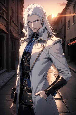 (Masterpiece, Best Quality), (A Handsome 25-Year-Old British Male Vampire Slayer), (Long Unkempt White Hair:1.4), (Pale Skin), (Crimson Eyes), (Wearing Blue Long Leather Coat and Black Long Pants:1.4), (City Road at Evening with Sunset:1.4), (Dynamic Pose:1.4), Centered, (Half Body Shot:1.4), (From Front Shot:1.4), Insane Details, Intricate Face Detail, Intricate Hand Details, Cinematic Shot and Lighting, Realistic and Vibrant Colors, Sharp Focus, Ultra Detailed, Realistic Images, Depth of Field, Incredibly Realistic Environment and Scene, Master Composition and Cinematography,castlevania style,Neuvillette