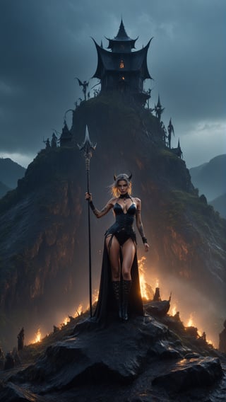 1 sexy witch holding up a large ancient staff vertically, (standing on top of a large mountain), in the background there is the witches house, a grey swamp and an army of skeletons, she is wearing a sexy witches outfit, (tatoos on body:1.15),,very dark vibes, (lighting strike in he background), ((rain)), wet skin, very cinematic sony photography for the box art of a movie (best quality,8k,highres,photorealism:1.3), (rain), (wet hair), ultra-detailed, ,detailmaster2,Movie Still,HellAI,fire