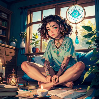 picture of a (girl sitting on the floor), (above perspective), rug, with hazel green eyes, relaxed body, with brow piercing, with mystic tattoos, ethnic jewerly, with curly hair, parchment with mystic symbols, sun catcher, dream catcher, casual room, window with dark green forest, plants, glowing himalayan salt lamp, calm expression, mysterious, ceramic clay cup, 1cute mushroom decor, casual gothic attire, candles, golden, open old book, (darkness),  (above perspective), highly detailed, 4k, 8k, HD, crispy, smooth, masterpiece, digital art, beautiful,