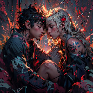 picture of a ((boy and girl kissing)), sitting on the bed, close up, touching, blushing, closed eyes, cute, passionate, with tattoos, love, romance, in love, jewerly, casual cozy room, close up, full body, good anatomy, relaxed, fantasy shapes and waves, colorful, heart decoration, good proportions, (above perspective), beautiful light, high contrast, highly detailed, 4k, 8k, HD, crispy, smooth, masterpiece, digital art, beautiful, high focus, 