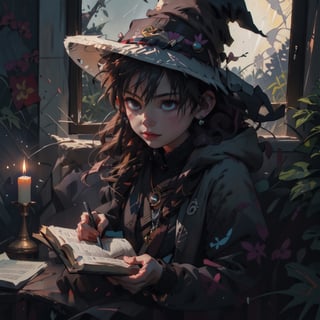 picture of a girl sitting on the bed in dark room, holding a phone, looking at the phone, darkness around, night time, phone screen illumination, moon outside of the window, cold light light, above perspective, ultra realistic, dramatic lightning, jewerly, casual modern room, casual cute attire, witchy room decorations, little crystals, candles, old books, highly detailed, 4k, 8k, HD, crispy, smooth, masterpiece, golden ratio, digital art, beautiful, ,BJ_Oil_painting