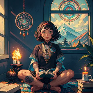 picture of a (girl sitting on the floor), 1dog, (above perspective), rug, with hazel green eyes, relaxed body, with mystic tattoos, with hair band, ethnic jewerly, with curly hair, parchment with mystic symbols, doe eyes, mountain bohemian room, sun catcher, dream catcher, casual room, black mandalas, window with dark forest clouds, plants, glowing himalayan salt lamp, hot cup of tea, calm expression, warm colors, warm tones, mysterious, ceramic clay cup, 1cute mushroom decor, casual gothic attire, candles, golden open old book, (darkness),  (above perspective), highly detailed, 4k, 8k, HD, crispy, smooth, masterpiece, digital art, beautiful,