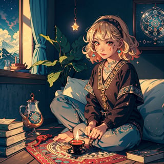 picture of a (girl sitting on the floor), 1dog, (above perspective), rug, with brown eyes, with mystic tattoos, with hair band, ethnic jewerly, deck of cards, with curly hair, parchment with mystic symbols, doe eyes, mountain bohemian room, sun catcher, casual room, black mandalas, window with dark forest clouds and rain, plants, himalayan salt lamp, hot cup of tea, calm expression, warm colors, warm tones, mysterious, ceramic mug, 1cute mushroom decor, casual gothic attire, candles, golden open old book, (darkness),  (above perspective), highly detailed, 4k, 8k, HD, crispy, smooth, masterpiece, digital art, beautiful,starry,glitter,BJ_Oil_painting,glass