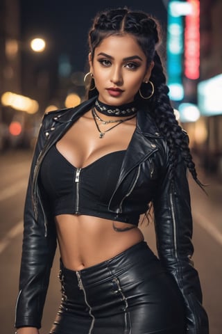 Create a beautiful indian women, hourglass body shape, beautiful face and body, cute nose ring,athletic, biker jacket, corset, skirt, black hair, braids, make_up, choker, wide hips,happy,, background of night city.photo r3al,detailmaster2,aesthetic portrait