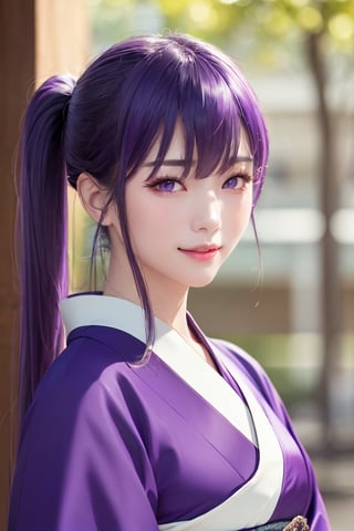 masterpiece, best quality, Busujima Saeko, high definition, solo, (purple eyes:1.3), (purple hair:1.1), (Simply Straight Pony Hair:1.2), (elegant, feminine, sophisticated), (beautiful girl), gorgeous face, gorgeous eyes, detailed face, detailed hands, smile, photorealistic, (asian face:1.2), (hime kimono1.2), (formal kimono:1.2), (tailored kimono and yukata)