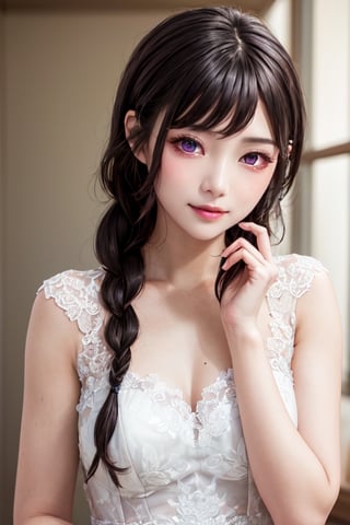 masterpiece, best quality, high definition, 
Kaori Houjou, solo, (purple eyes:1.1), (black hair:1.2), long hair, (Wedding Dress), (sophisticated braided hairstyle), (elegant, feminine, sophisticated), (cute girl), gorgeous face, gorgeous eyes, detailed face, detailed hands, smile, photorealistic, (asian face:1.2)