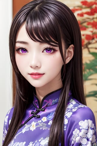 masterpiece, best quality, high definition, 
Kaori Houjou, solo, (purple eyes:1.1), (black hair:1.2), long hair, (Chinese costume, qipao:1.2), (elegant, feminine, sophisticated), (cute girl), gorgeous face, gorgeous eyes, detailed face, detailed hands, smile, photorealistic, (asian face:1.2), 