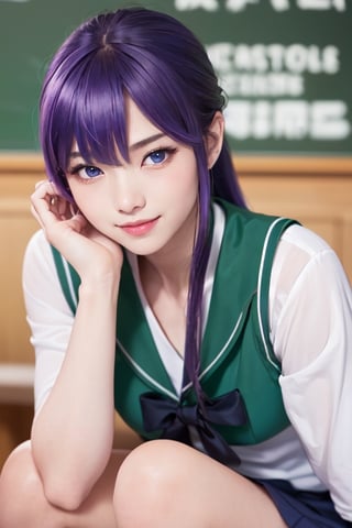 masterpiece, best quality, Busujima Saeko, high definition, solo, (blue eyes:1.3), (purple hair:1.1), (Simply Straight Pony Hair:1.2), (elegant, feminine, sophisticated), (beautiful girl), gorgeous face, gorgeous eyes, detailed face, detailed hands, smile, photorealistic, (asian face:1.2), (school uniform sailor suit, white-green shirt), ((green knee-length skirt))