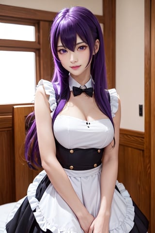 masterpiece, best quality, Busujima Saeko, high definition, solo, (purple eyes:1.3), (black-purple hair:1.1), (Simply Straight Pony Hair:1.2), (elegant, feminine, sophisticated), (beautiful girl), gorgeous face, gorgeous eyes, detailed face, detailed hands, smile, photorealistic, (asian face:1.2), Kunoichi, maid, holding_katana, sword-maid, battle-maid