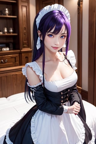 masterpiece, best quality, Busujima Saeko, high definition, solo, (blue eyes:1.3), (black-purple hair:1.1), (Simply Straight Pony Hair:1.2), (elegant, feminine, sophisticated), (beautiful girl), gorgeous face, gorgeous eyes, detailed face, detailed hands, smile, photorealistic, (asian face:1.2), 
Maid_costume, maid_dress, maid_headband