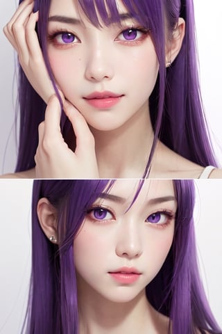 masterpiece, best quality, Busujima Saeko, high definition, solo, (purple eyes:1.3), (purple hair:1.1), (Simply Straight Pony Hair:1.2), (elegant, feminine, sophisticated), (beautiful girl), gorgeous face, gorgeous eyes, detailed face, detailed hands, smile, photorealistic, (asian face:1.2), 