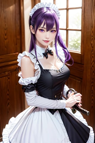 masterpiece, best quality, Busujima Saeko, high definition, solo, (purple eyes:1.3), (purple hair:1.1), (Simply Straight Pony Hair:1.2), (elegant, feminine, sophisticated), (beautiful girl), gorgeous face, gorgeous eyes, detailed face, detailed hands, smile, photorealistic, (asian face:1.2), busujima_saeko, katana in hand, defensive stance with a sword in hand, battoujutsu, ((maid_dress)),Maria_VMV2,Maid_Dress,maid, maid costume