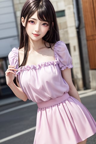 masterpiece, best quality, high definition, 
Kaori Houjou, solo, (purple eyes:1.1), (black hair:1.2), long hair, pink fluffy blouse with ruffles and flounces, (pink knee-length skirt with flounces), (elegant, feminine, sophisticated), (cute girl), gorgeous face, gorgeous eyes, detailed face, detailed hands, smile, photorealistic, (asian face:1.2)