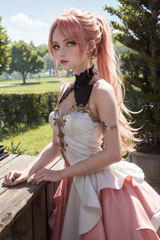 Lexia Von Alceria, Lexia Vaughn Arcelia, Lexia Arcelia, long hair, Blonde hair, (green eyes:1.5), ponytail, Pink hair, BREAK noble atmosphere, Aristocratic dress, dress, bare shoulders, cut off sleeves, White dress, BREAK looking at viewer, Whole body, BREAK outdoors, the forest, nature, BREAK (masterpiece:1.2), Best quality, a high resolution, unity 8k wallpaper, (illustration:0.8), (Beautiful detailed eyes:1.6), very detailed face, perfect lighting, extremely detailed computer graphics, (perfect hands, Ideal Anatomy),Nice legs and hot body