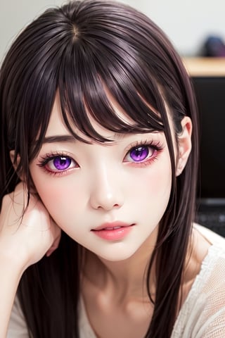 masterpiece, best quality, high definition, 
Kaori Houjou, solo, (purple eyes:1.1), (black hair:1.2), long hair, (home clothes, sitting at the computer:1.2), (elegant, feminine, sophisticated), (cute girl), gorgeous face, gorgeous eyes, detailed face, detailed hands, smile, photorealistic, (asian face:1.2), 