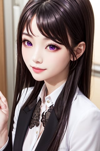 masterpiece, best quality, high definition, 
Kaori Houjou, solo, (purple eyes:1.1), (black hair:1.2), long hair, (business lady formal suit:1.2), (elegant, feminine, sophisticated), (cute girl), gorgeous face, gorgeous eyes, detailed face, detailed hands, smile, photorealistic, (asian face:1.2), 