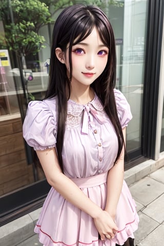 masterpiece, best quality, high definition, 
Kaori Houjou, solo, (purple eyes:1.1), (black hair:1.2), long hair, pink fluffy blouse with ruffles and flounces, (pink knee-length skirt with flounces), (elegant, feminine, sophisticated), (cute girl), gorgeous face, gorgeous eyes, detailed face, detailed hands, smile, photorealistic, (asian face:1.2)