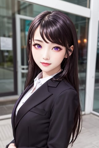 masterpiece, best quality, high definition, 
Kaori Houjou, solo, (purple eyes:1.1), (black hair:1.2), long hair, (business lady formal suit:1.2), (elegant, feminine, sophisticated), (cute girl), gorgeous face, gorgeous eyes, detailed face, detailed hands, smile, photorealistic, (asian face:1.2), 