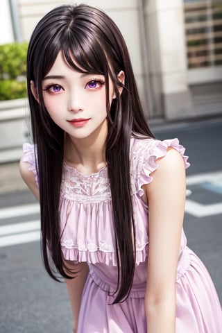 masterpiece, best quality, high definition, 
Kaori Houjou, solo, (purple eyes:1.1), (black hair:1.2), long hair, pink fluffy blouse with ruffles and flounces, (pink knee-length skirt with flounces), (elegant, feminine, sophisticated), (cute girl), gorgeous face, gorgeous eyes, detailed face, detailed hands, smile, photorealistic, (asian face:1.2)