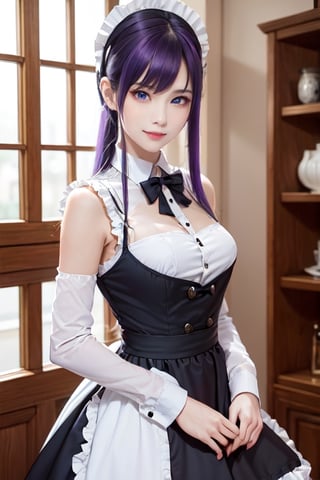 masterpiece, best quality, Busujima Saeko, high definition, solo, (blue eyes:1.3), (black-purple hair:1.1), (Simply Straight Pony Hair:1.2), (elegant, feminine, sophisticated), (beautiful girl), gorgeous face, gorgeous eyes, detailed face, detailed hands, smile, photorealistic, (asian face:1.2), 
Maid_costume, maid_dress, maid_headband