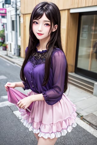 masterpiece, best quality, high definition, 
Kaori Houjou, solo, (purple eyes:1.1), (black hair:1.2), long hair, pink fluffy blouse with ruffles and flounces, (pink knee-length skirt with flounces), (elegant, feminine, sophisticated), (cute girl), gorgeous face, gorgeous eyes, detailed face, detailed hands, smile, photorealistic, (asian face:1.2)