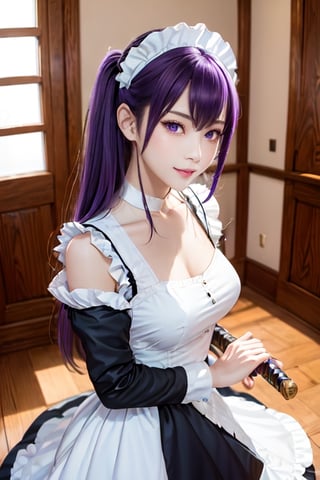 masterpiece, best quality, Busujima Saeko, high definition, solo, (purple eyes:1.3), (purple hair:1.1), (Simply Straight Pony Hair:1.2), (elegant, feminine, sophisticated), (beautiful girl), gorgeous face, gorgeous eyes, detailed face, detailed hands, smile, photorealistic, (asian face:1.2), busujima_saeko, katana in hand, defensive stance with a sword in hand, battoujutsu, ((maid_dress)),Maria_VMV2,Maid_Dress,maid, maid costume