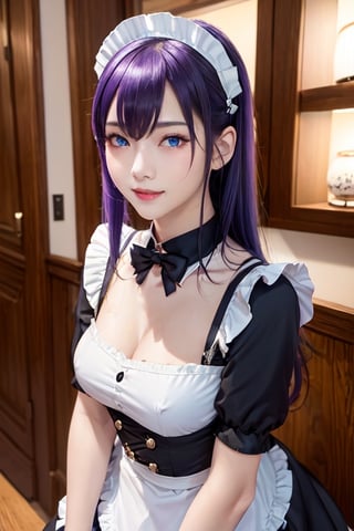 masterpiece, best quality, Busujima Saeko, high definition, solo, (blue eyes:1.3), (black-purple hair:1.1), (Simply Straight Pony Hair:1.2), (elegant, feminine, sophisticated), (beautiful girl), gorgeous face, gorgeous eyes, detailed face, detailed hands, smile, photorealistic, (asian face:1.2), 
Maid_costume, maid_dress, maid_headband