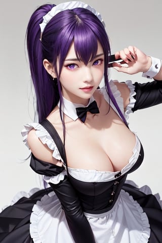 masterpiece, best quality, Busujima Saeko, high definition, solo, (purple eyes:1.3), (purple hair:1.1), (Simply Straight Pony Hair:1.2), (elegant, feminine, sophisticated), (beautiful girl), gorgeous face, gorgeous eyes, detailed face, detailed hands, smile, photorealistic, (asian face:1.2), busujima_saeko, katana in hand, defensive stance with a sword in hand, battoujutsu, ((maid_dress)),