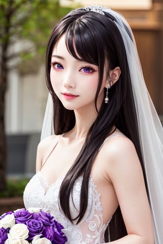 masterpiece, best quality, high definition, 
Kaori Houjou, solo, (purple eyes:1.1), (black hair:1.2), long hair, (Wedding Dress), (elegant, feminine, sophisticated), (cute girl), gorgeous face, gorgeous eyes, detailed face, detailed hands, smile, photorealistic, (asian face:1.2)