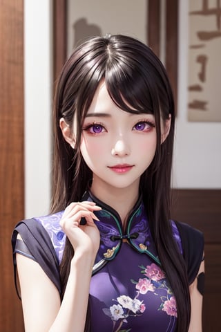 masterpiece, best quality, high definition, 
Kaori Houjou, solo, (purple eyes:1.1), (black hair:1.2), long hair, (Chinese costume, qipao:1.2), (elegant, feminine, sophisticated), (cute girl), gorgeous face, gorgeous eyes, detailed face, detailed hands, smile, photorealistic, (asian face:1.2), 