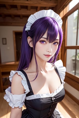 masterpiece, best quality, Busujima Saeko, high definition, solo, (purple eyes:1.3), (purple hair:1.1), (Simply Straight Pony Hair:1.2), (elegant, feminine, sophisticated), (beautiful girl), gorgeous face, gorgeous eyes, detailed face, detailed hands, smile, photorealistic, (asian face:1.2), busujima_saeko, katana in hand, defensive stance with a sword in hand, battoujutsu, ((maid_dress)),