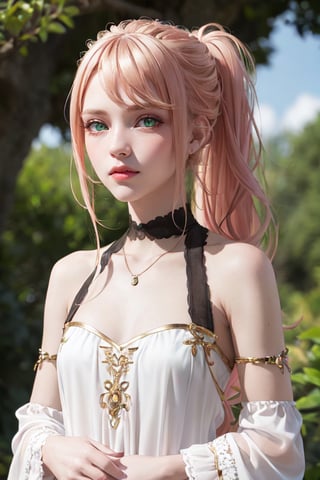 Lexia Von Alceria, Lexia Vaughn Arcelia, Lexia Arcelia, long hair, Blonde hair, (green eyes:1.5), ponytail, Pink hair, BREAK noble atmosphere, Aristocratic dress, dress, bare shoulders, cut off sleeves, White dress, BREAK looking at viewer, Whole body, BREAK outdoors, the forest, nature, BREAK (masterpiece:1.2), Best quality, a high resolution, unity 8k wallpaper, (illustration:0.8), (Beautiful detailed eyes:1.6), very detailed face, perfect lighting, extremely detailed computer graphics, (perfect hands, Ideal Anatomy)