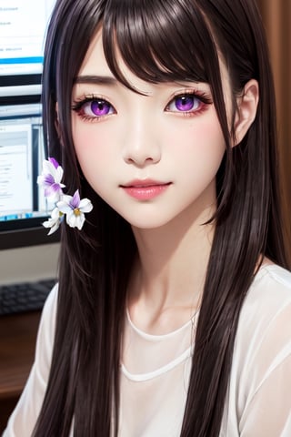 masterpiece, best quality, high definition, 
Kaori Houjou, solo, (purple eyes:1.1), (black hair:1.2), long hair, (home clothes, sitting at the computer:1.2), (elegant, feminine, sophisticated), (cute girl), gorgeous face, gorgeous eyes, detailed face, detailed hands, smile, photorealistic, (asian face:1.2), 