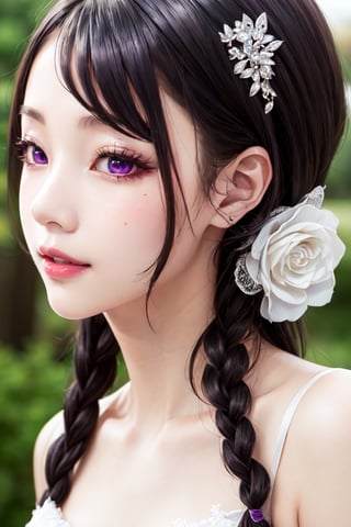 masterpiece, best quality, high definition, 
Kaori Houjou, solo, (purple eyes:1.1), (black hair:1.2), long hair, (Wedding Dress), (sophisticated braided hairstyle), (elegant, feminine, sophisticated), (cute girl), gorgeous face, gorgeous eyes, detailed face, detailed hands, smile, photorealistic, (asian face:1.2)