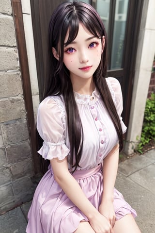 masterpiece, best quality, high definition, 
Kaori Houjou, solo, (purple eyes:1.1), (black hair:1.2), long hair, pink fluffy blouse with ruffles and flounces, (pink knee-length skirt with flounces), (elegant, feminine, sophisticated), (cute girl), gorgeous face, gorgeous eyes, detailed face, detailed hands, smile, photorealistic, (asian face:1.2)