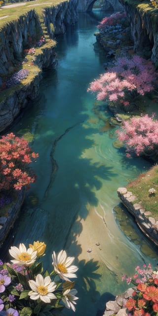 (Masterpiece, Best Quality), highres, (8k resolution wallpaper), dutch angle, FFIXBG, full background, wide shot, fantasy, landscape, beautiful, outdoors, (details:1.2), water, (no humans), spring \(season\), nature, flowers, sharp focus, shadow, (deep depth of field), volumetric lighting, sunlight, day, extremely detailed background, fantastic, ancient ruins, mysterious