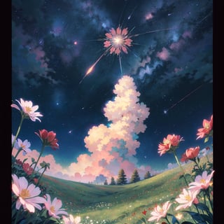 flower, white flowers, flowers, red flowers, pink flowers, star (sky), stars_(sky), grass, leaf, sky, plant, starry sky, outdoors