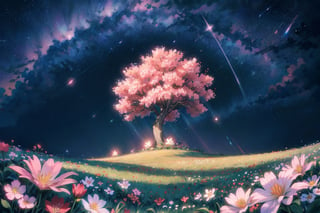 flower, white flowers, flowers, red flowers, pink flowers, star (sky), stars_(sky), grass, leaf, sky, plant, starry sky, outdoors