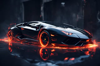 lamborghini, futuristic, cyborg style, black color, streaks of fire,cyberpunk style, open doors