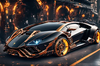 lamborghini, cyborg style,steampunk style, black color body, golden color wheels, futuristic,DonMCyb3rN3cr0XL 