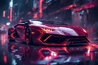 lamborghini, futuristic, cyborg style, maroon color, streaks of fire,photo real,cyberpunk style