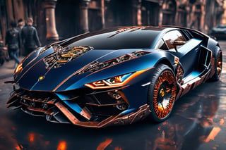 lamborghini, cyborg style,steampunk style, dark blue color body, silver color wheels, futuristic,DonMCyb3rN3cr0XL 