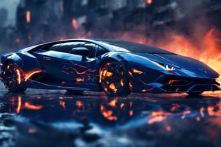 lamborghini, futuristic, cyborg style, dark blue color, streaks of fire,photo real,cyberpunk style