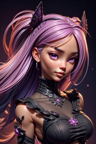 3dmm style,(masterpiece, top quality, best quality, official art, beautiful and aesthetic:1.2), (fractal art:1.3), 1girl, beautiful, high detailed, purple hair with a hint of pink, pink eyes, dark lighting, serious face, looking the sky, sky, medium shot, black sweater, jewelry,High detailed 