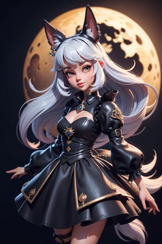 3dmm style,(masterpiece, best quality:1.4), midnight, cool, vivid, mesmerizing, 1girl, dress, dog ears, moon, full body