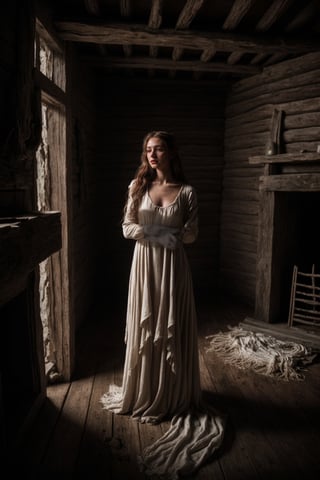 A mesmerizing woman in a gossamer, off-white dress emerges as the central focal point of a dimly lit, cavernous interior of an aged wooden hut. Her lustrous, chestnut hair cascades in unruly waves, framing a face of porcelain-like clarity. Deep-set hazel eyes, intense and penetrating, seem to shimmer with an inner light. Her lips, slightly parted, carry a shade of muted rose, and her skin, flawless and luminescent, stands in stark juxtaposition to the rugged environment.

The backdrop is dominated by time-worn wooden logs and planks, their textures rough and grooved from years of exposure to the elements. Cobwebs, barely visible, cling to the corners, hinting at the passage of time and neglect. In the forefront, remnants of ashen wood rest, remnants of a fireplace, its purpose long forgotten. Adjacent to it, the hazy outlines of primitive tools and structures suggest traces of past habitation or arcane ceremonies.

The entirety of the scene is steeped in profound mysticism. Every intricate detail, from the subtle ripples in her dress to the spectral play of light and shadow, weaves a tale of enchantment, solitude, and timeless beauty.

You can also add additional keywords to your query, such as:

woman
dress
hut
forest
night
magic
mystery
enchantment
solitude
beauty