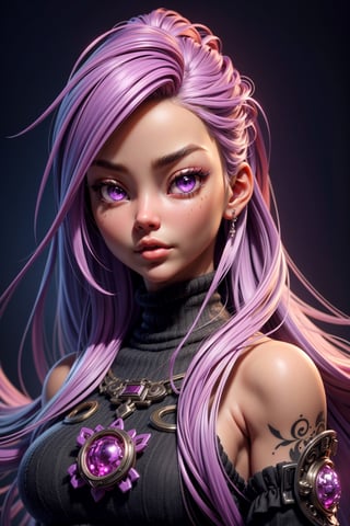 3dmm style,(masterpiece, top quality, best quality, official art, beautiful and aesthetic:1.2), (fractal art:1.3), 1girl, beautiful, high detailed, purple hair with a hint of pink, pink eyes, dark lighting, serious face, looking the sky, sky, medium shot, black sweater, jewelry