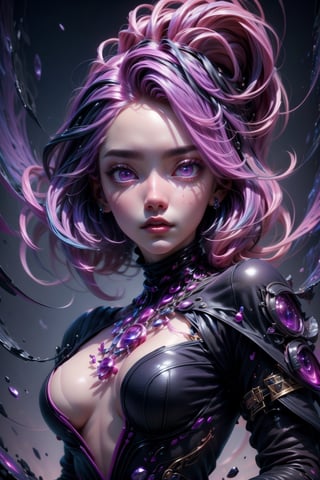 3dmm style,(masterpiece, top quality, best quality, official art, beautiful and aesthetic:1.2), (fractal art:1.3), 1girl, beautiful, high detailed, purple hair with a hint of pink, pink eyes, dark lighting, serious face, looking the sky, sky, medium shot, black sweater, jewelry,High detailed ,Color magic